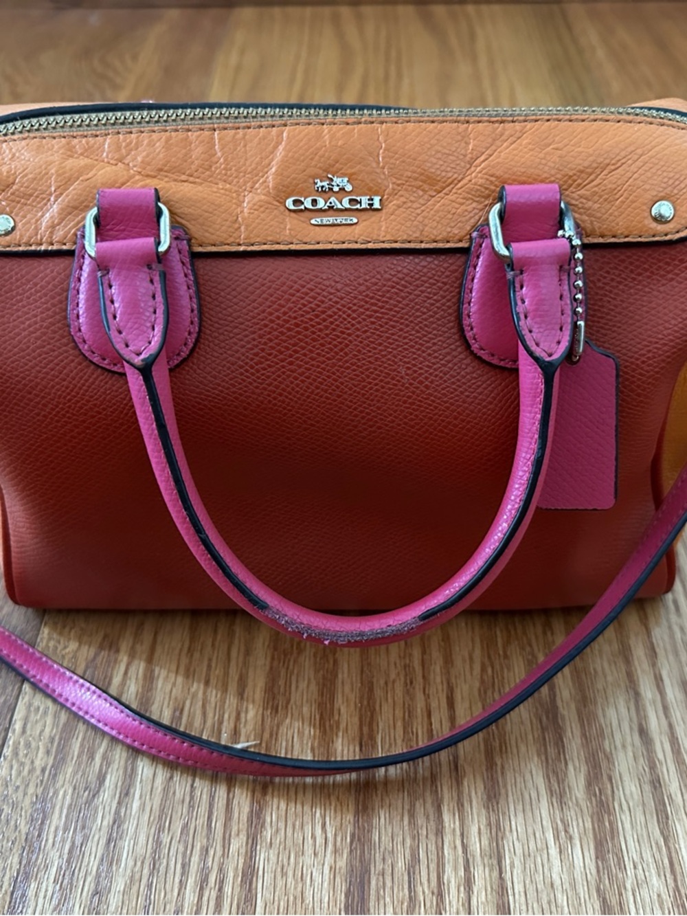 Coach Colorblock Leather Satchel - Pink, Red & Tan Trim